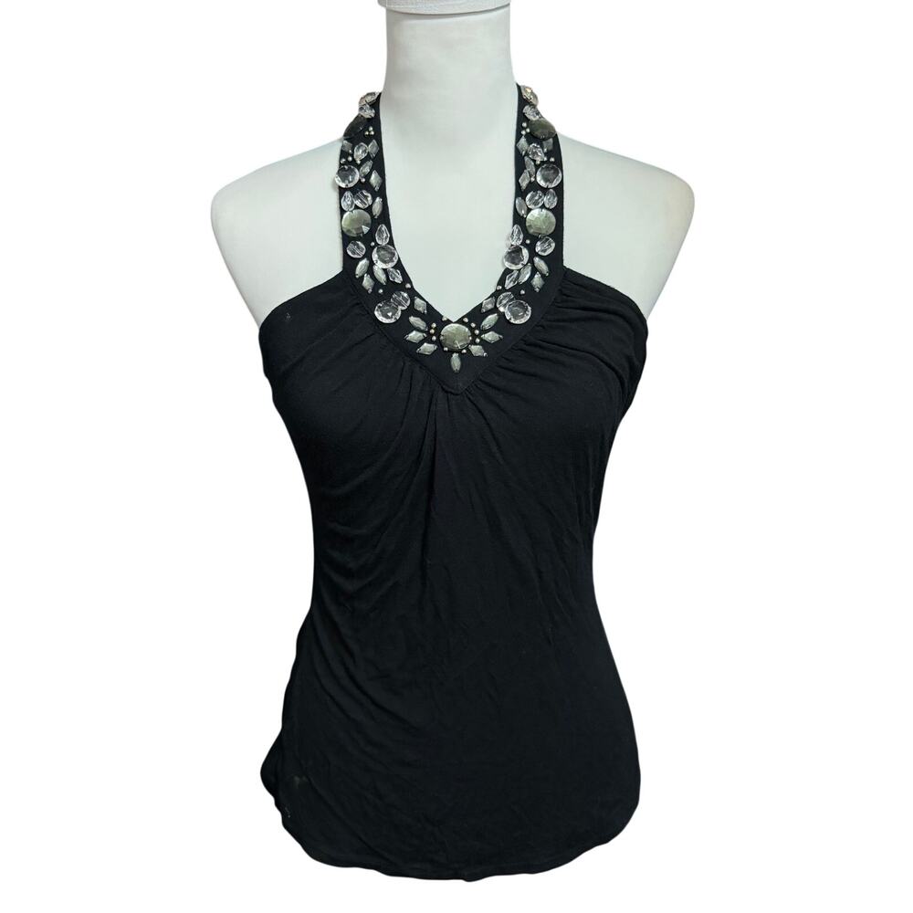 Vintage Y2K White House Black Market Black Embellished Halter Top Size Small